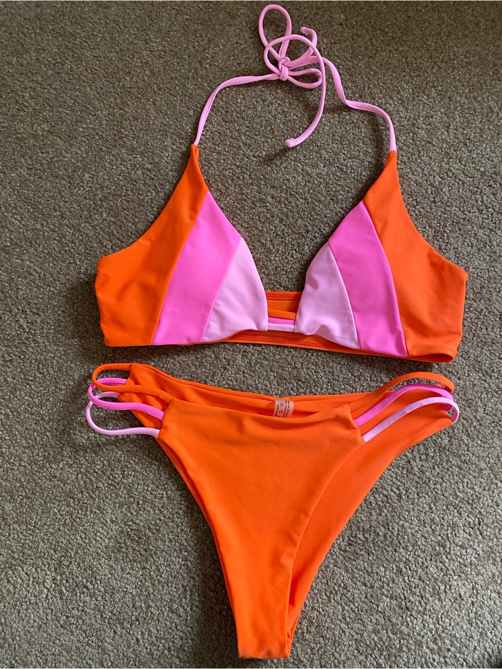 SHEIN Orange & Pink Colorblock Strappy Bikini Set